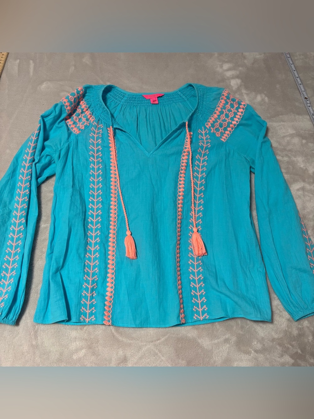 Lilly Pulitzer Lara Blue Pink Embroidered Tassel Tunic Shirt large cotton top